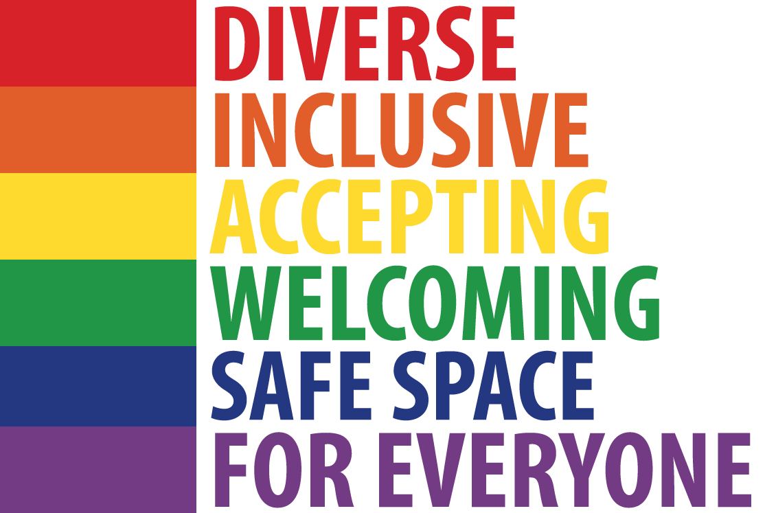 Rainbow logo which says: diverse, inclusive, accepting, welcoming, safe space for everyone